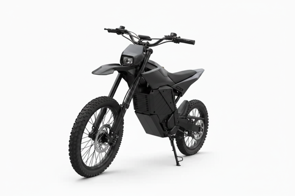 Black EM22-6 electric dirt bike on a white background, recolored to match the black reference model